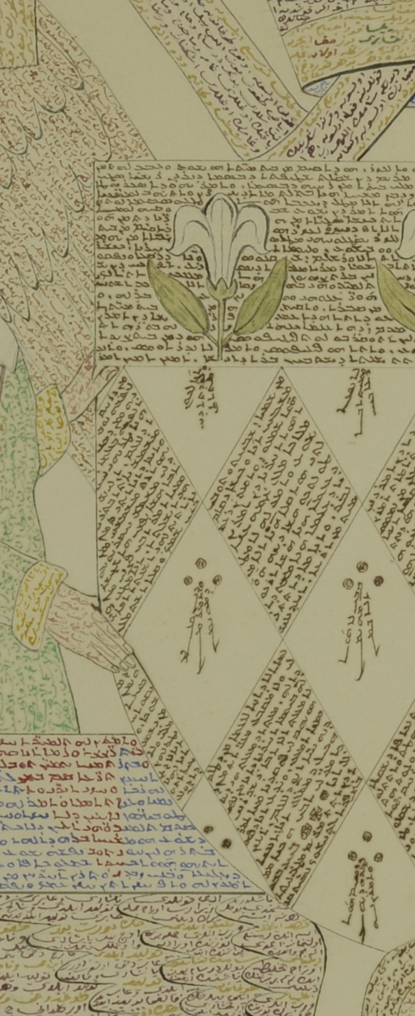 A close up of Hassam's drawing of the Magdalen's coat of arms. Closer up, it transpires that the drawing is made up of handwritten text, in different languages (Arabic, Chaldean, and Turkish). The text is from the Bible.